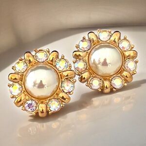 Vintage 1980s Roman Faux Pearl AB Crystal Earrings Gold Tone Pierced - 6Q